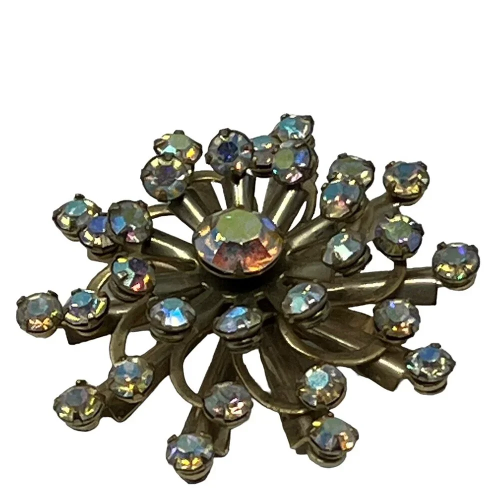 Snowflake Brooch AB Stones Gold‎ Tone Aurora Borealis Flower Vintage Pin